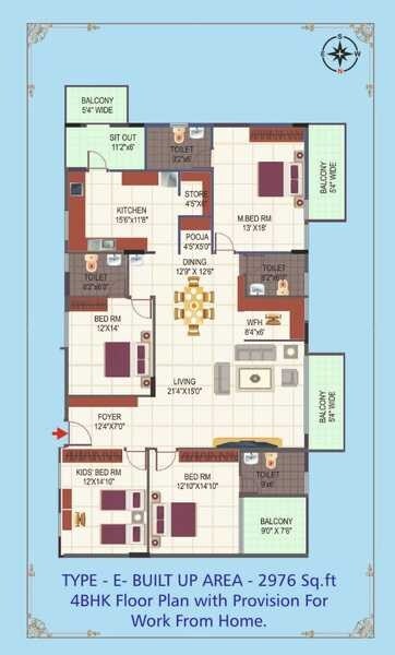 Floor plan of 4 BHK 2976 Sq. Ft. Apartment in Mehta Rajeshwari Sarvatraa, Bangalore