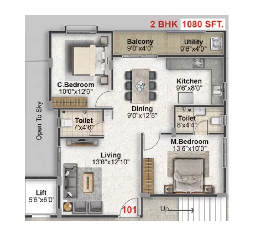 Floor plan of 2 BHK 1080 Sq. Ft. Apartment in Mentsu Crescent, Bangalore