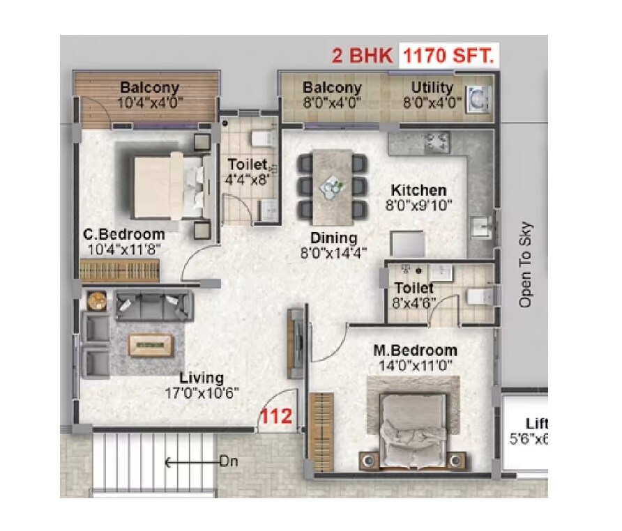 Floor plan of 2 BHK 1170 Sq. Ft. Apartment in Mentsu Crescent, Bangalore