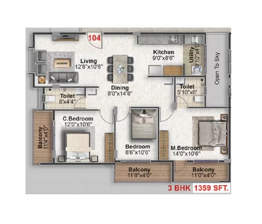 Floor plan of 3 BHK 1359 Sq. Ft. Apartment in Mentsu Crescent, Bangalore