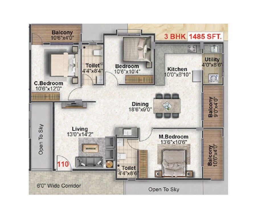 Floor plan of 3 BHK 1485 Sq. Ft. Apartment in Mentsu Crescent, Bangalore