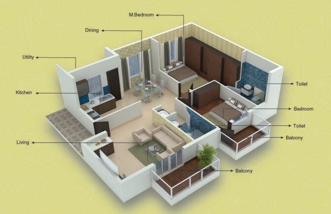 Floor plan of 2 BHK 1300 Sq. Ft. Apartment in Metorpolis Midtown, Bangalore