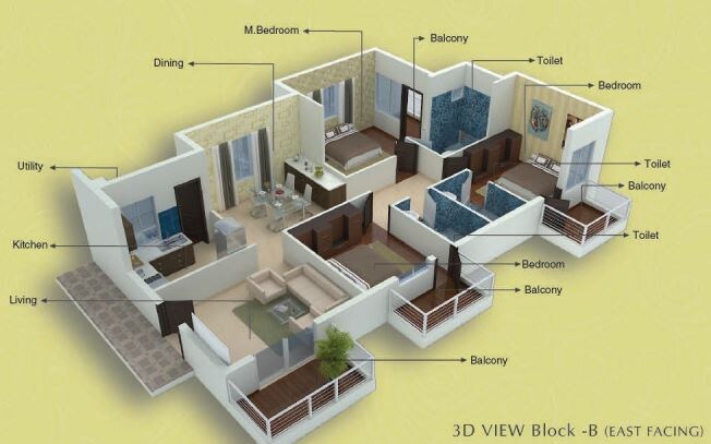 Floor plan of 3 BHK 1590 Sq. Ft. Apartment in Metorpolis Midtown, Bangalore
