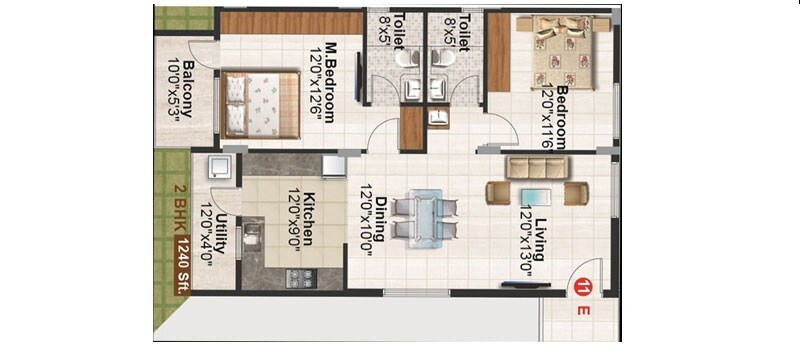 Floor plan of 2 BHK 1240 Sq. Ft. Apartment in Metropolis Gurukrupa, Bangalore