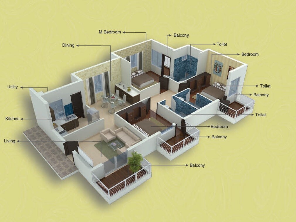 Floor plan of 3 BHK 1680 Sq. Ft. Apartment in Metropolis Gurukrupa, Bangalore