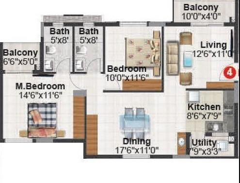 Floor plan of 2 BHK 1060 Sq. Ft. Apartment in Metropolis MidTown, Bangalore