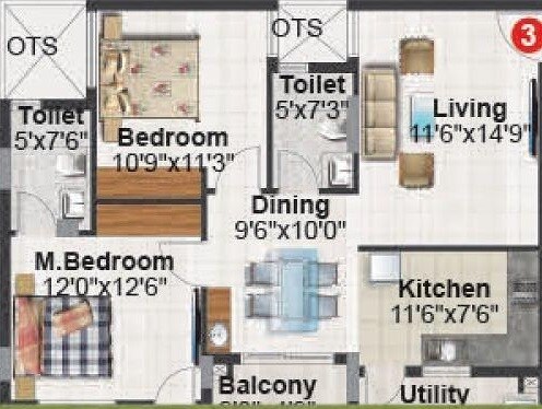 Floor plan of 2 BHK 1140 Sq. Ft. Apartment in Metropolis MidTown, Bangalore