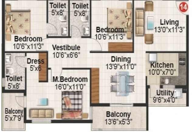 Floor plan of 3 BHK 1590 Sq. Ft. Apartment in Metropolis MidTown, Bangalore