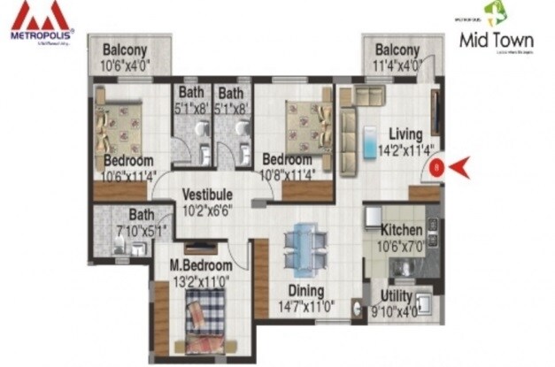 Floor plan of 3 BHK 1740 Sq. Ft. Apartment in Metropolis MidTown, Bangalore