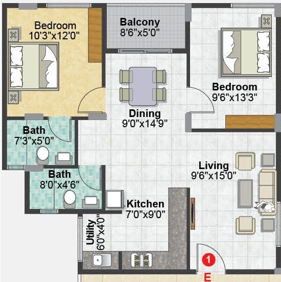 Floor plan of 2 BHK 1025 Sq. Ft. Apartment in Metropolis Oak Town, Bangalore