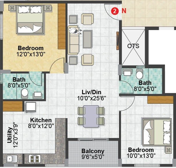 Floor plan of 3 BHK 1145 Sq. Ft. Apartment in Metropolis Oak Town, Bangalore