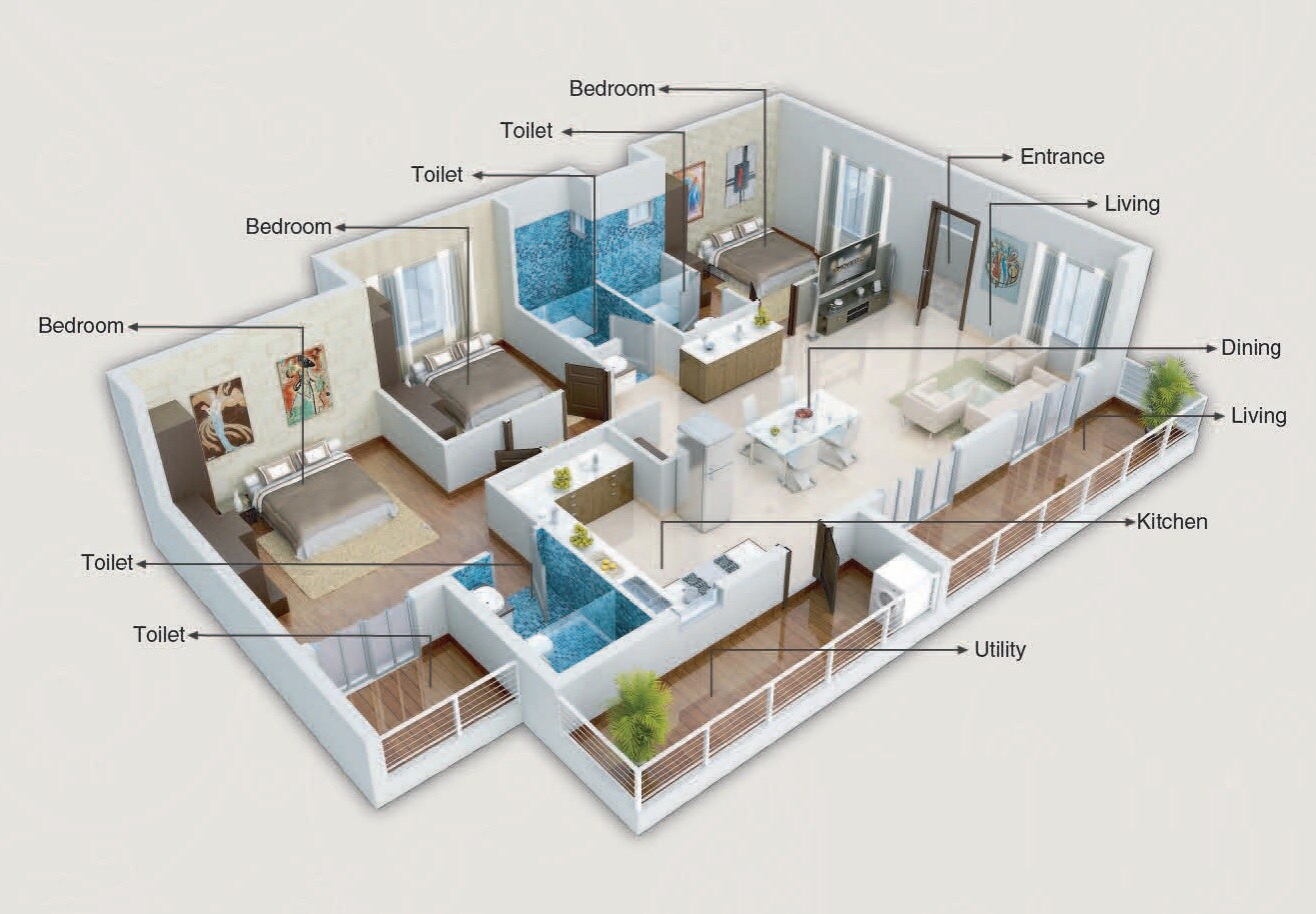 Floor plan of 3 BHK 1400 Sq. Ft. Apartment in Metropolis Pristine, Bangalore