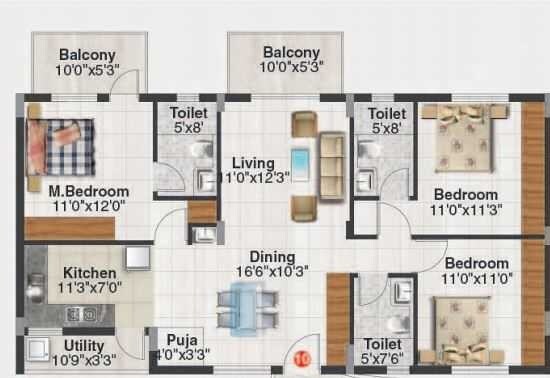 Floor plan of 3 BHK 1780 Sq. Ft. Apartment in Metropolis Pristine, Bangalore