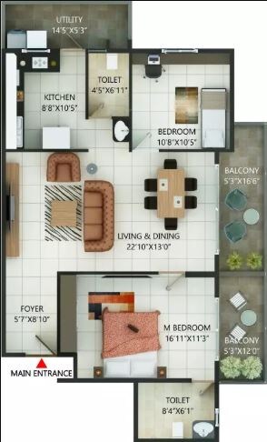 Floor plan of 2 BHK 917 Sq. Ft. Apartment in MH Alta Monte, Bangalore