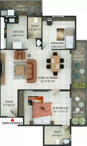 Floor plan of 2 BHK 940 Sq. Ft. Apartment in MH Alta Monte, Bangalore