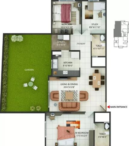 Floor plan of 3 BHK 1050 Sq. Ft. Apartment in MH Alta Monte, Bangalore
