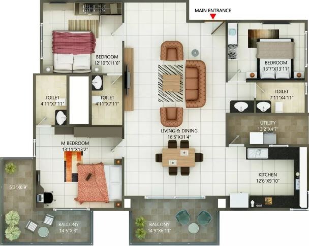 Floor plan of 3 BHK 1476 Sq. Ft. Apartment in MH Alta Monte, Bangalore