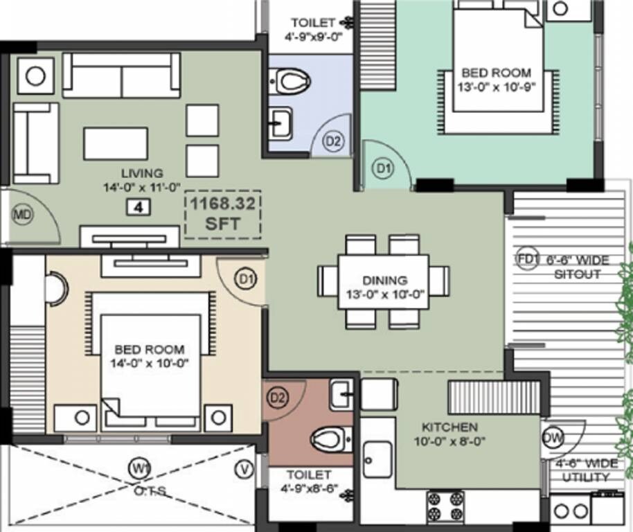 Floor plan of 2 BHK 1026 Sq. Ft. Apartment in MH Tirumala Heights, Bangalore