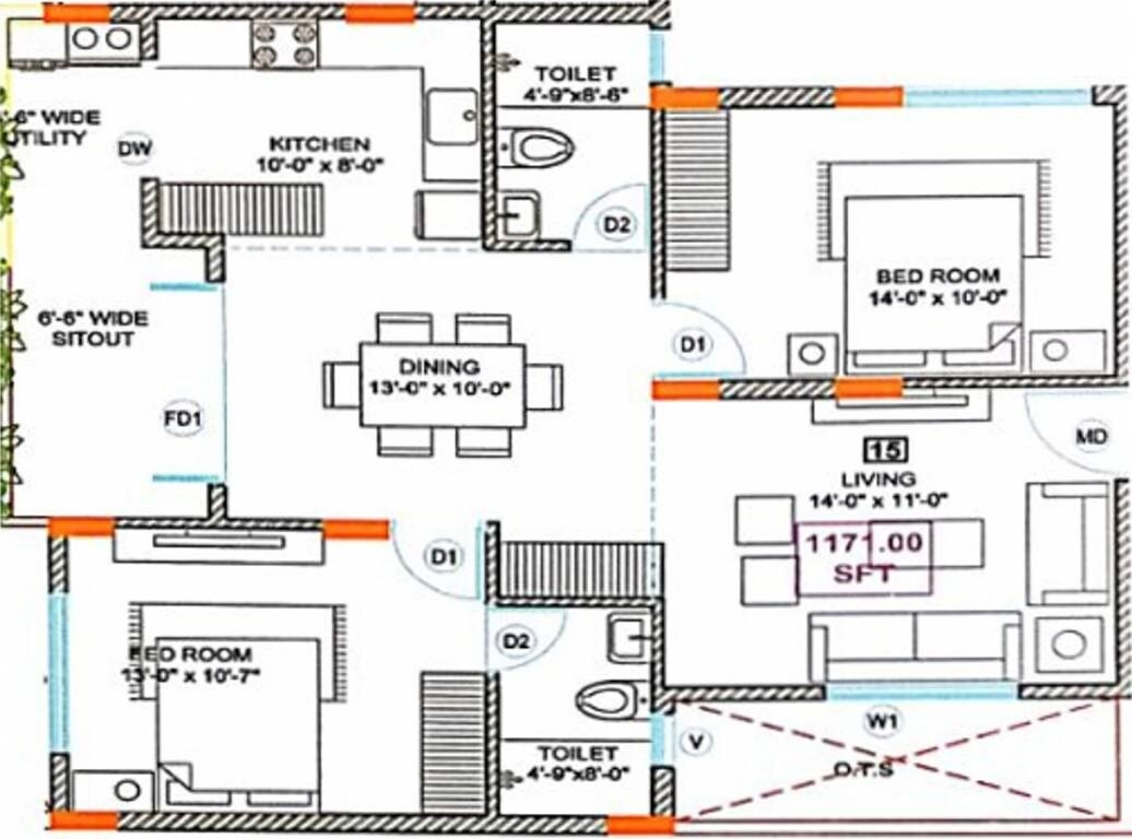 Floor plan of 2 BHK 1272 Sq. Ft. Apartment in MH Tirumala Heights, Bangalore