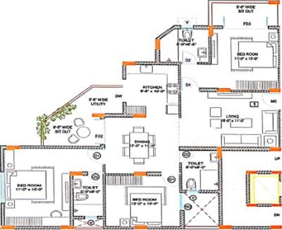 Floor plan of 3 BHK 1600 Sq. Ft. Apartment in MH Tirumala Heights, Bangalore