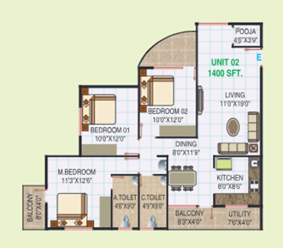 3 BHK 1400 Sq. Ft. Apartment