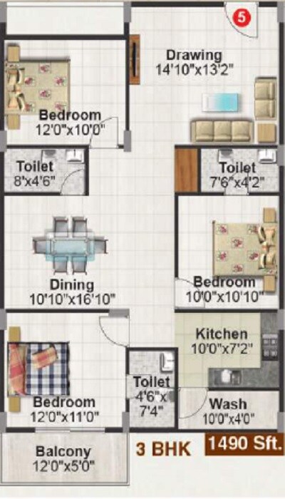 3 BHK 1490 Sq. Ft. Apartment