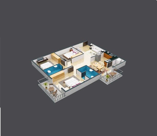 Floor plan of 3 BHK 1480 Sq. Ft. Apartment in Midtown Raaga, Bangalore