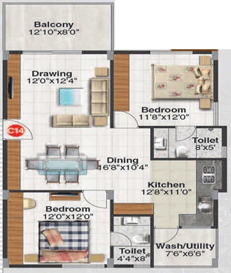 Floor plan of 2 BHK 1270 Sq. Ft. Apartment in Midtown Rhythm, Bangalore