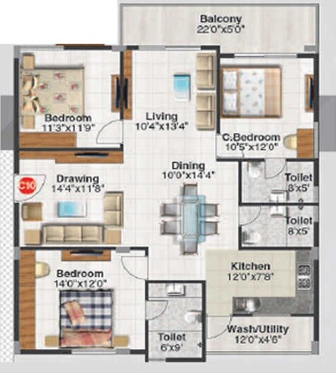 Floor plan of 3 BHK 1620 Sq. Ft. Apartment in Midtown Rhythm, Bangalore