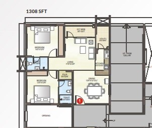 Floor plan of 2 BHK 1308 Sq. Ft. Apartment in Midwest Elita, Bangalore
