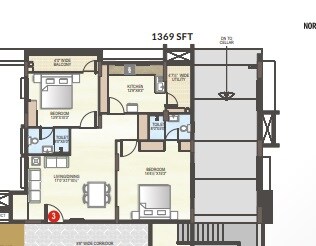 Floor plan of 2 BHK 1369 Sq. Ft. Apartment in Midwest Elita, Bangalore