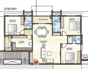 Floor plan of 3 BHK 1792 Sq. Ft. Apartment in Midwest Elita, Bangalore