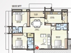 Floor plan of 3 BHK 1835 Sq. Ft. Apartment in Midwest Elita, Bangalore