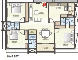 Floor plan of 3 BHK 1867 Sq. Ft. Apartment in Midwest Elita, Bangalore