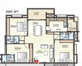 Floor plan of 3 BHK 2005 Sq. Ft. Apartment in Midwest Elita, Bangalore