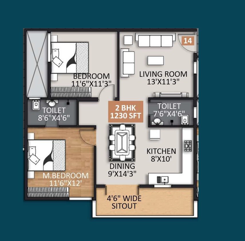 2 BHK 1230 Sq. Ft. Apartment