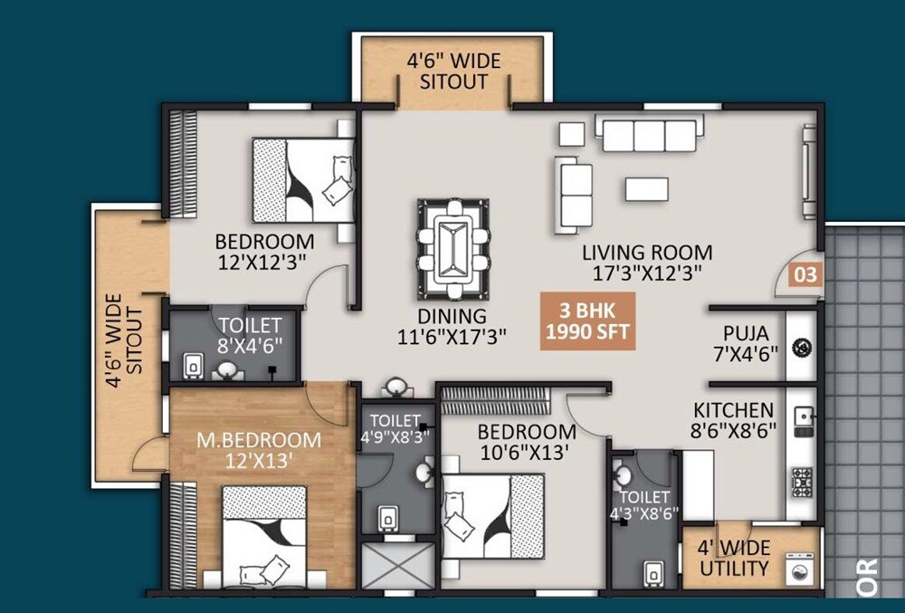3 BHK 1990 Sq. Ft. Apartment