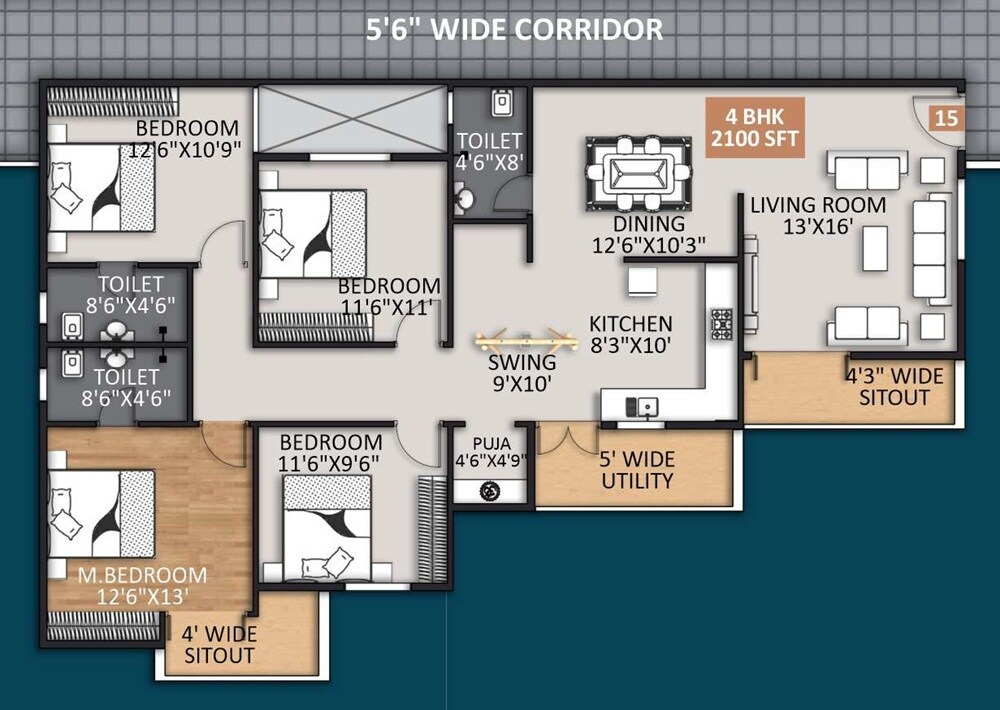 4 BHK 2100 Sq. Ft. Apartment