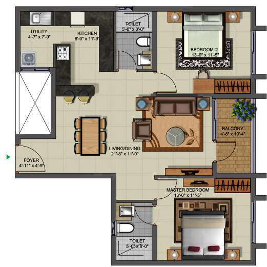 Floor plan of 2 BHK 1215 Sq. Ft. Apartment in MIMS Residency, Bangalore