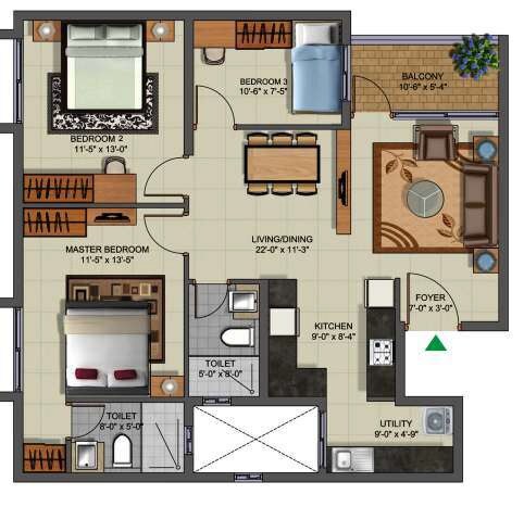 Floor plan of 2 BHK 1280 Sq. Ft. Apartment in MIMS Residency, Bangalore