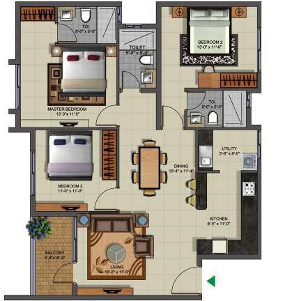 Floor plan of 3 BHK 1350 Sq. Ft. Apartment in MIMS Residency, Bangalore