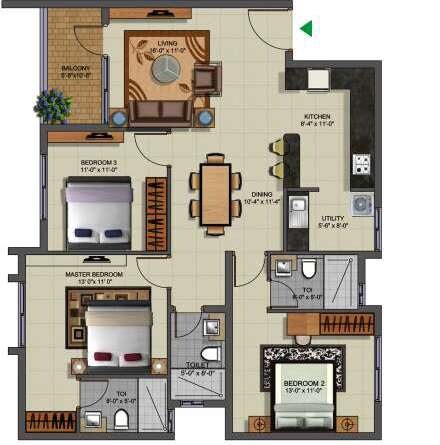 Floor plan of 3 BHK 1550 Sq. Ft. Apartment in MIMS Residency, Bangalore