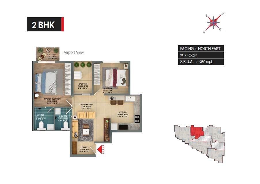 Floor plan of 2 BHK 950 Sq. Ft. Apartment in Mista Sri City, Bangalore
