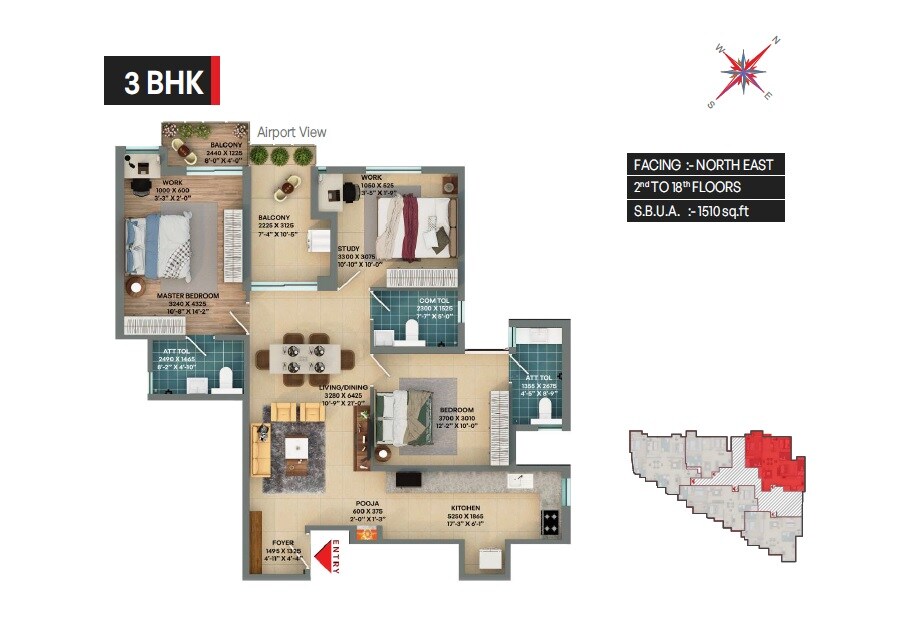 Floor plan of 3 BHK 1510 Sq. Ft. Apartment in Mista Sri City, Bangalore