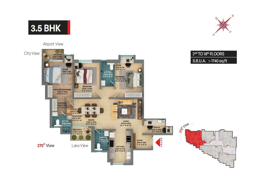 Floor plan of 3 BHK 1740 Sq. Ft. Apartment in Mista Sri City, Bangalore