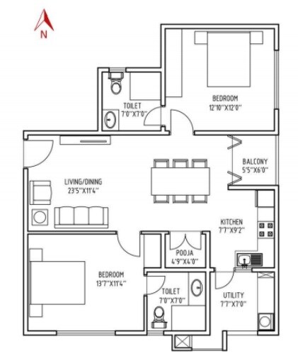 Floor plan of 2 BHK 848 Sq. Ft. Apartment in Mithuna White Aspera, Bangalore