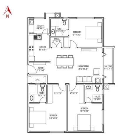 Floor plan of 3 BHK 1294 Sq. Ft. Apartment in Mithuna White Aspera, Bangalore