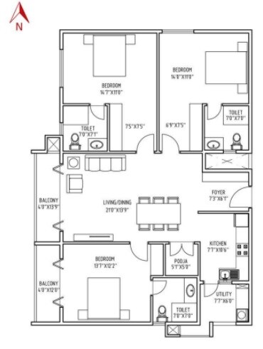 Floor plan of 3 BHK 1265 Sq. Ft. Apartment in Mithuna White Aspera, Bangalore
