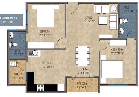 Floor plan of 2 BHK 1112 Sq. Ft. Apartment in Mithuna White Bells, Bangalore
