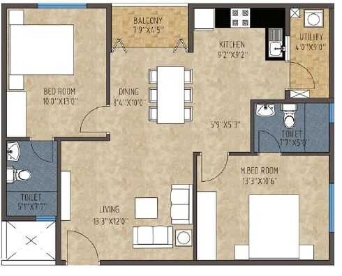 Floor plan of 2 BHK 1189 Sq. Ft. Apartment in Mithuna White Bells, Bangalore